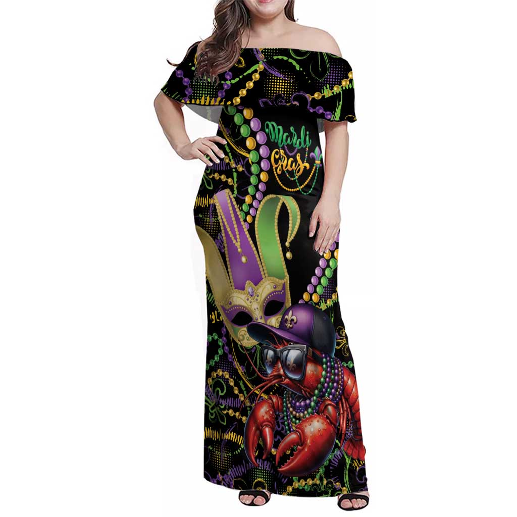 Personalized Mardi Gras Funny Shrimp Family Matching Off Shoulder Maxi Dress and Hawaiian Shirt Fleur De Lis Special Version - Wonder Print Shop