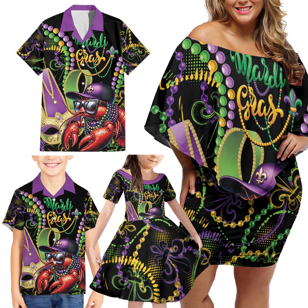 Personalized Mardi Gras Funny Shrimp Family Matching Off Shoulder Short Dress and Hawaiian Shirt Fleur De Lis Special Version - Wonder Print Shop