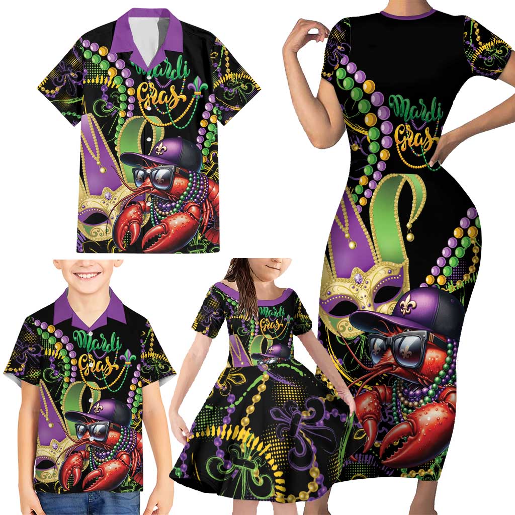 Personalized Mardi Gras Funny Shrimp Family Matching Short Sleeve Bodycon Dress and Hawaiian Shirt Fleur De Lis Special Version - Wonder Print Shop