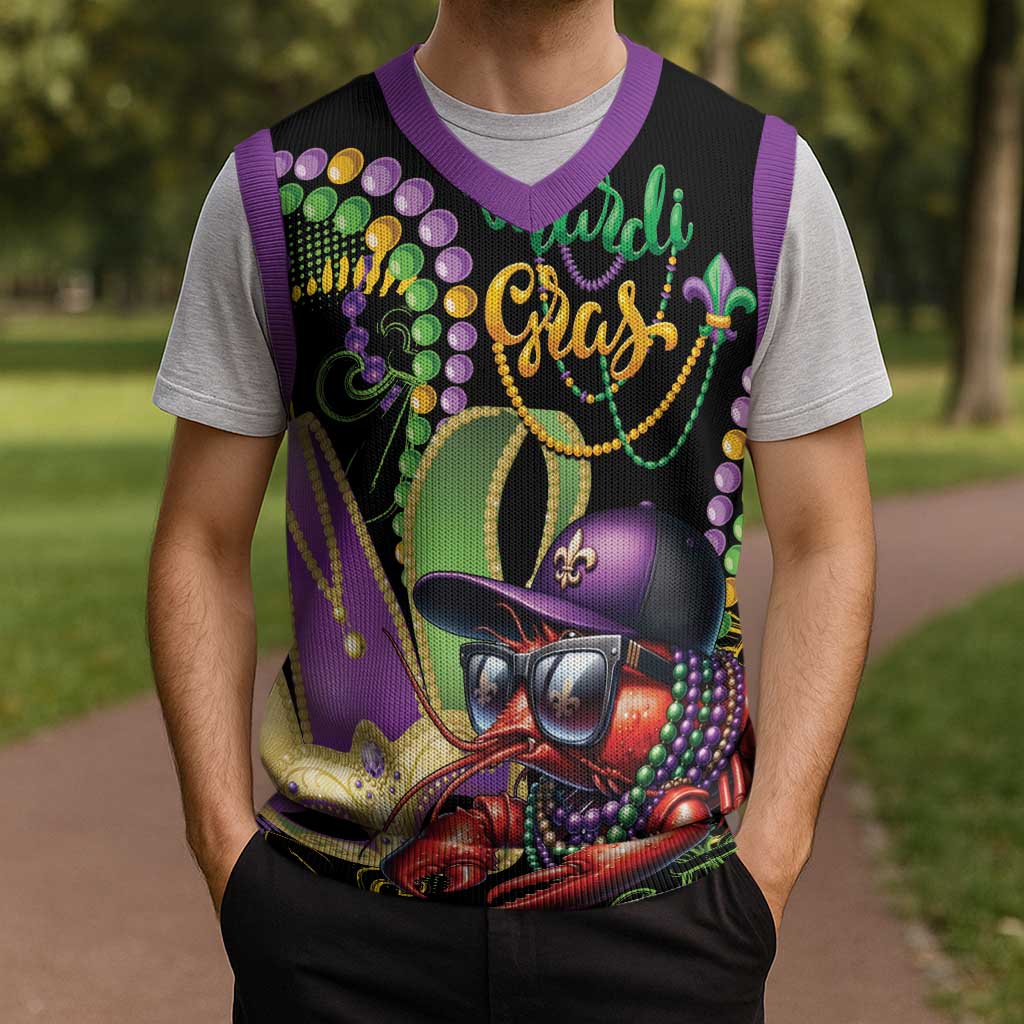 Mardi Gras Funny Shrimp Christmas Knitted V-Neck Vest Fleur De Lis Special Version - Wonder Print Shop
