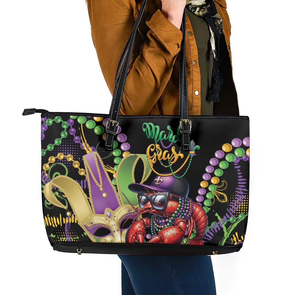 Mardi Gras Funny Shrimp Leather Tote Bag Fleur De Lis Special Version - Wonder Print Shop