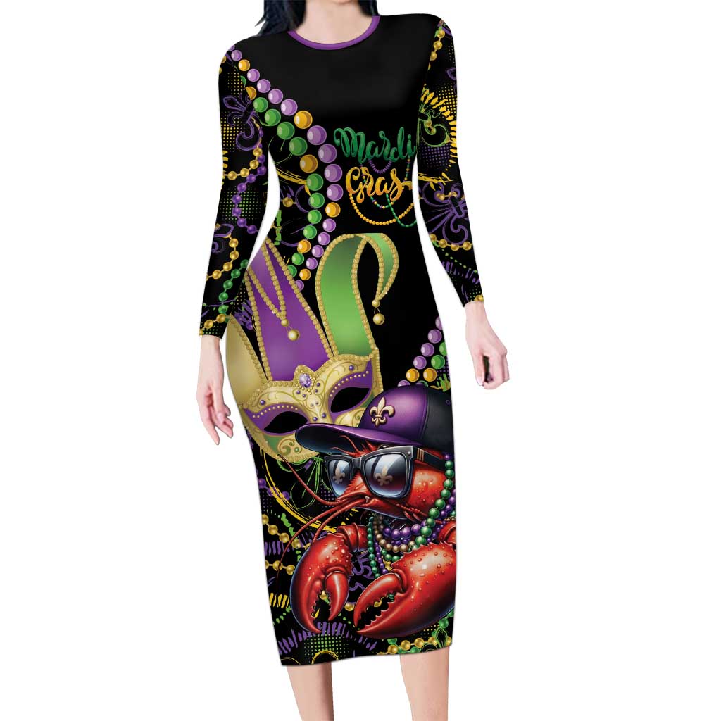 Personalized Mardi Gras Funny Shrimp Long Sleeve Bodycon Dress Fleur De Lis Special Version - Wonder Print Shop