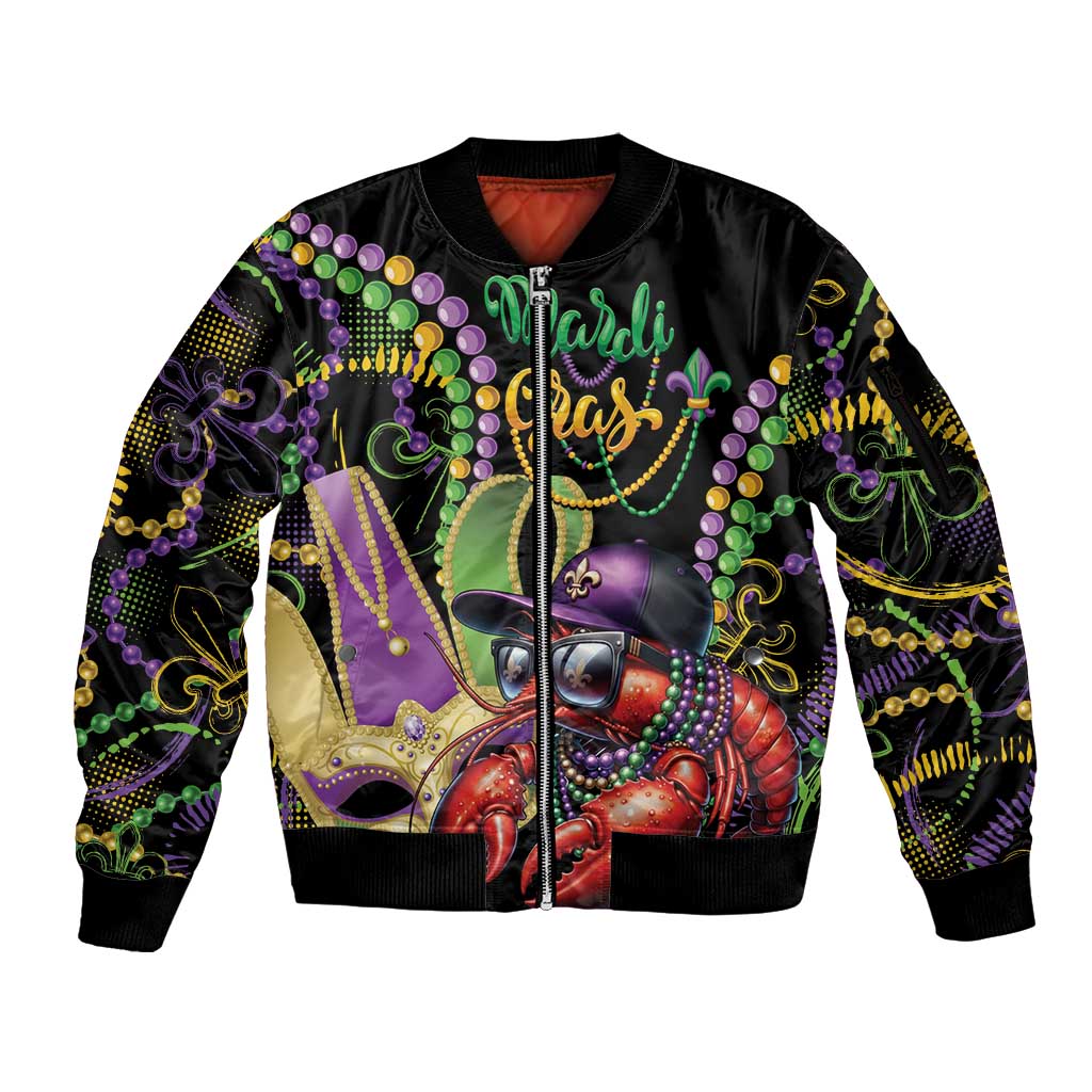 Personalized Mardi Gras Funny Shrimp Sleeve Zip Bomber Jacket Fleur De Lis Special Version - Wonder Print Shop