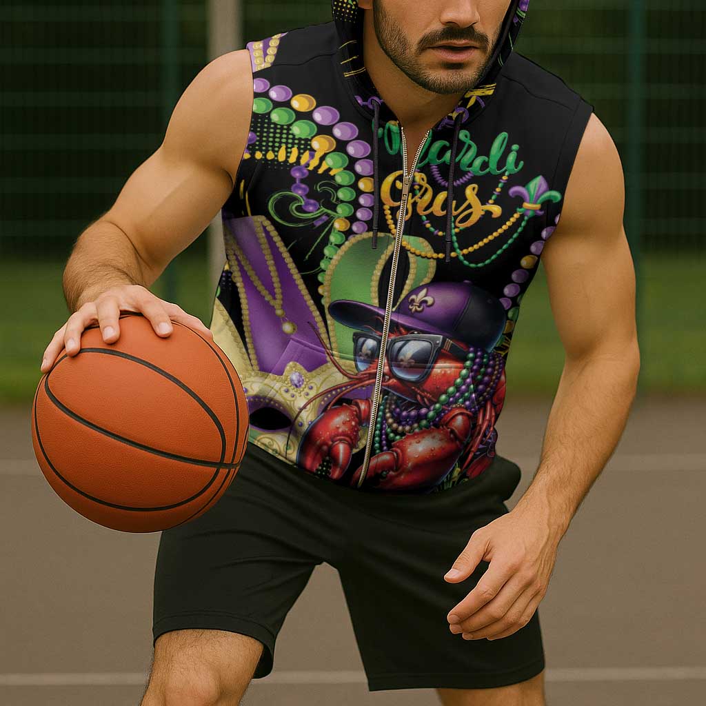 Personalized Mardi Gras Funny Shrimp Sleeveless Zip Hoodie Fleur De Lis Special Version - Wonder Print Shop