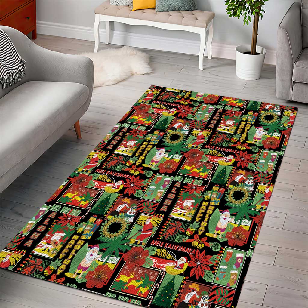 Hawaiian Santa Christmas Pattern Area Rug Black Version - Wonder Print Shop