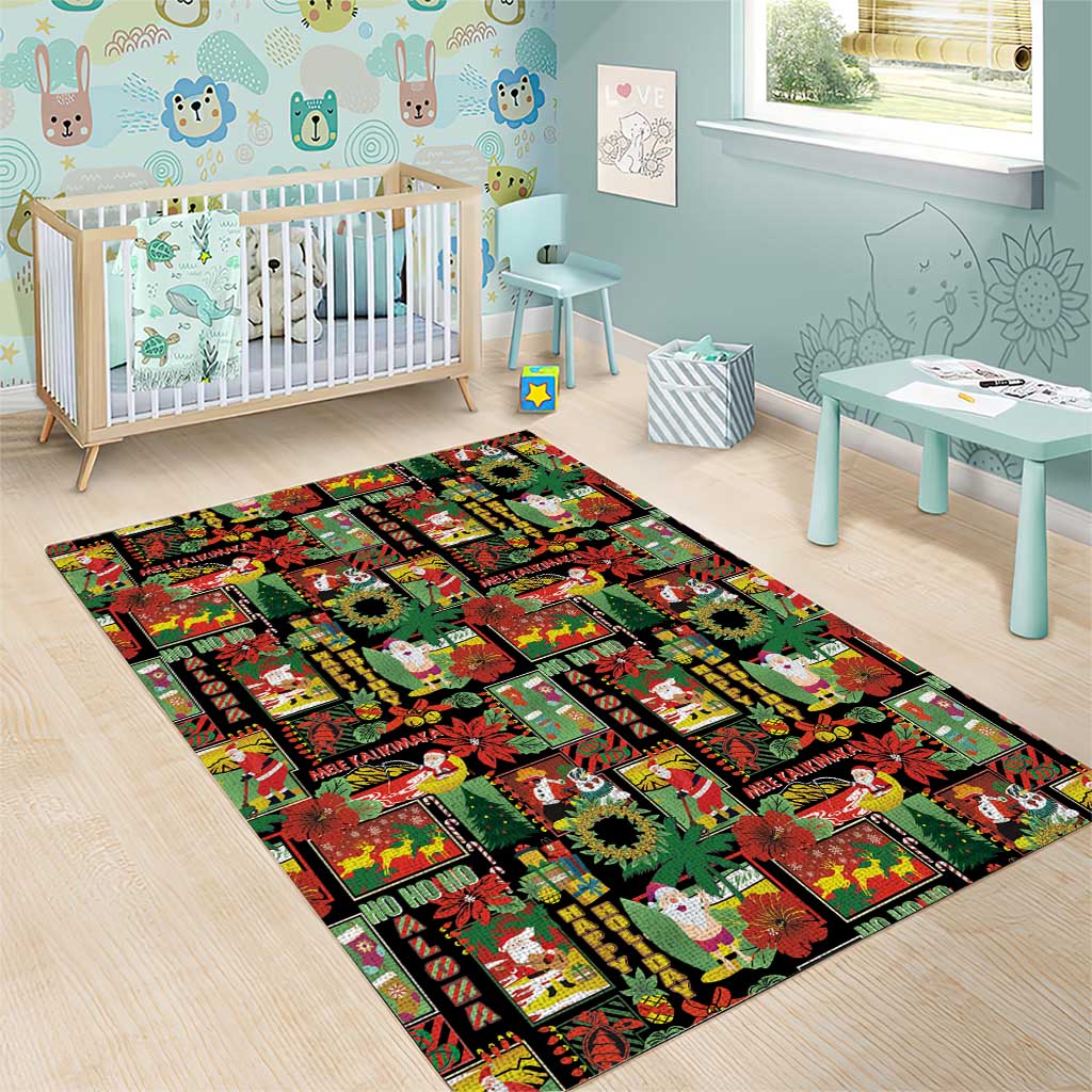 Hawaiian Santa Christmas Pattern Area Rug Black Version - Wonder Print Shop