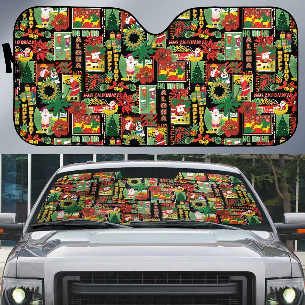 Hawaiian Santa Christmas Pattern Auto Sun Shade Black Version - Wonder Print Shop