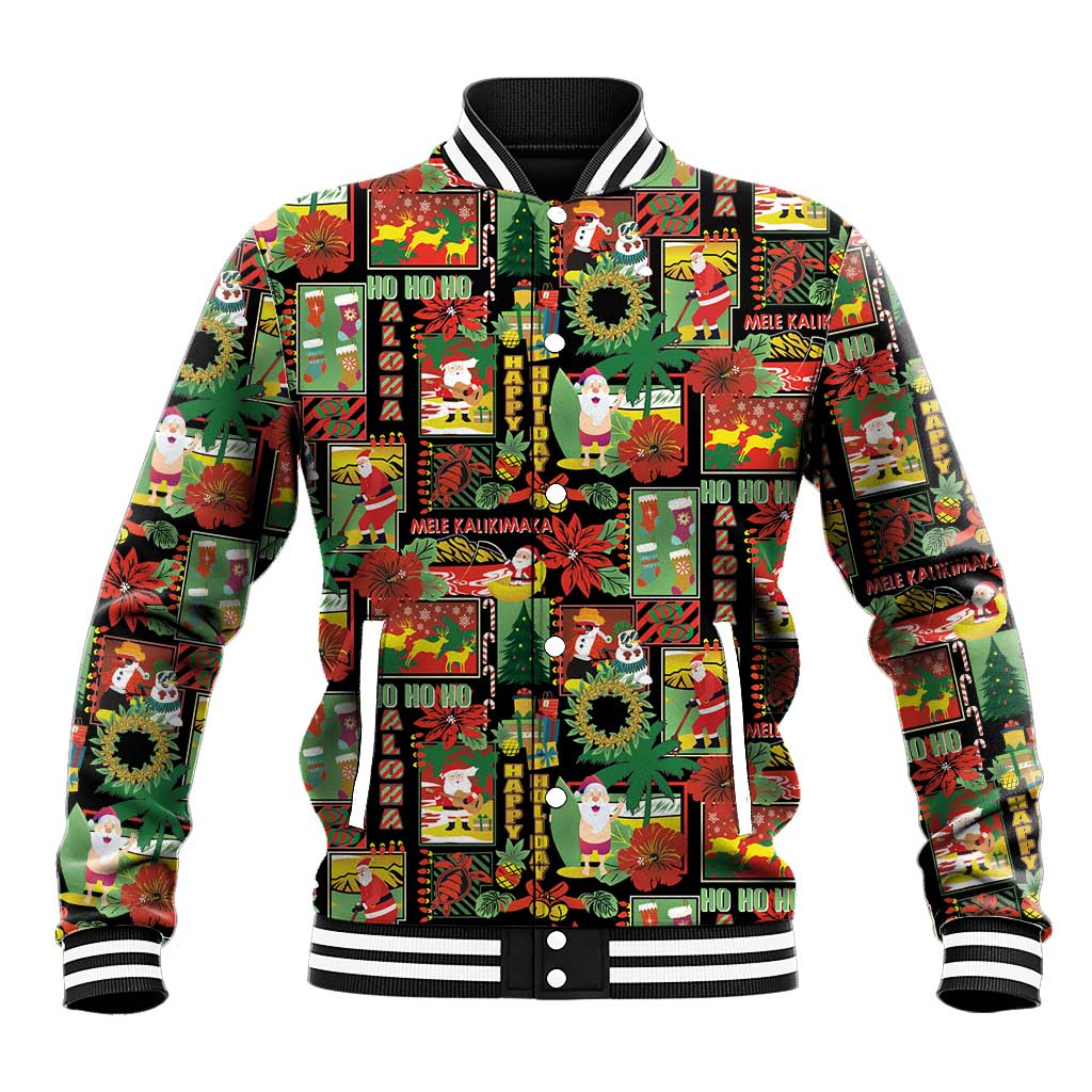 Hawaiian Santa Christmas Pattern Baseball Jacket Black Version - Wonder Print Shop