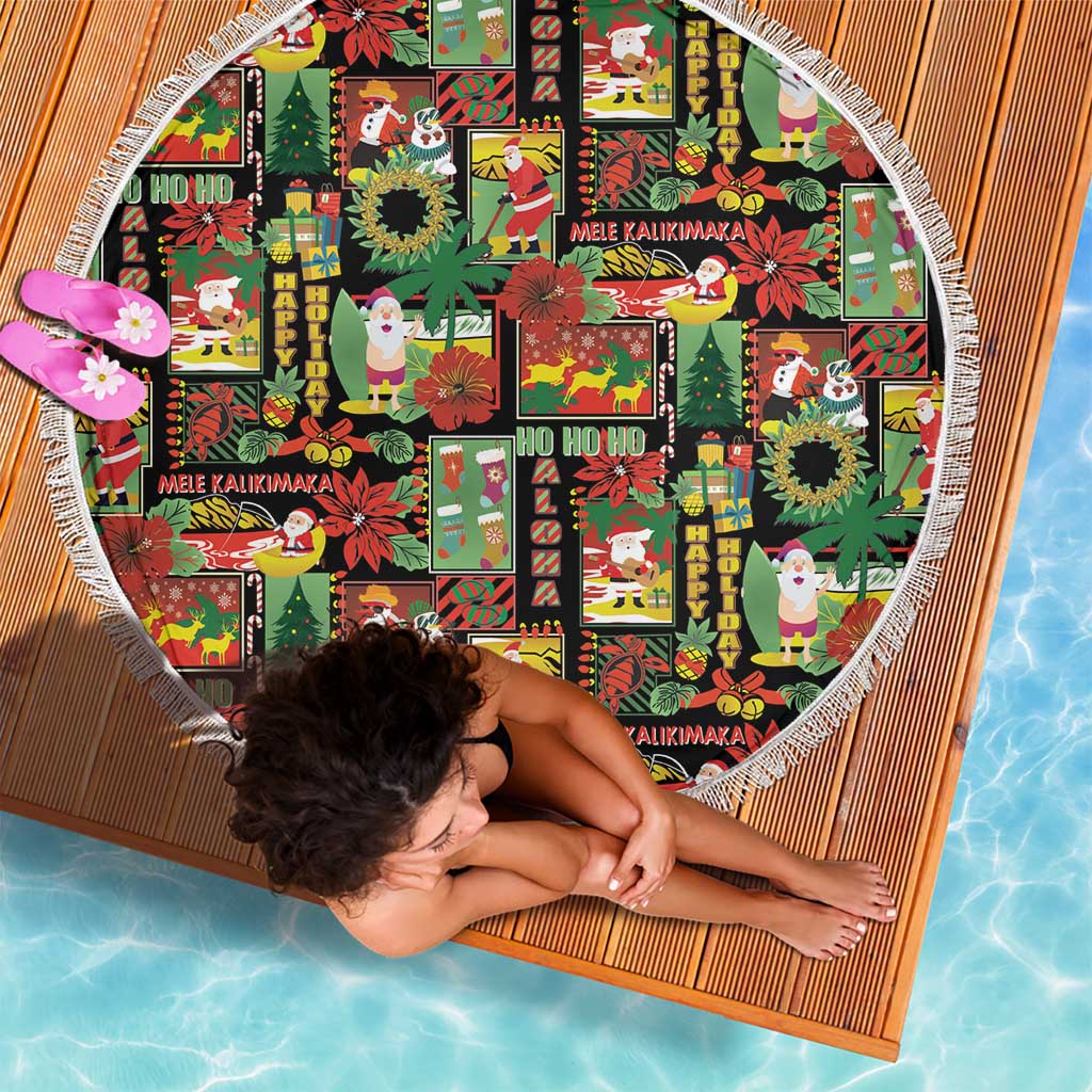 Hawaiian Santa Christmas Pattern Beach Blanket Black Version - Wonder Print Shop