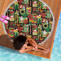 Hawaiian Santa Christmas Pattern Beach Blanket Black Version - Wonder Print Shop