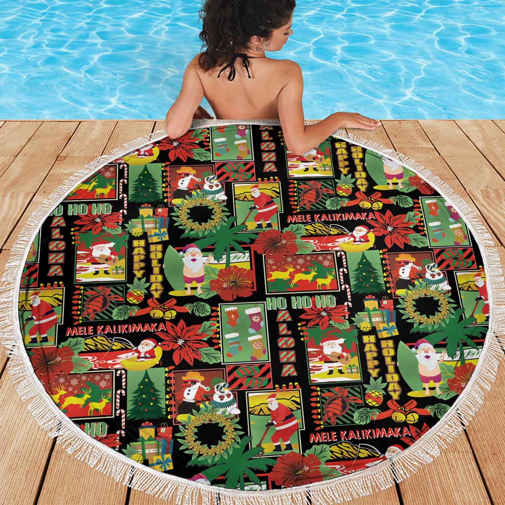 Hawaiian Santa Christmas Pattern Beach Blanket Black Version - Wonder Print Shop