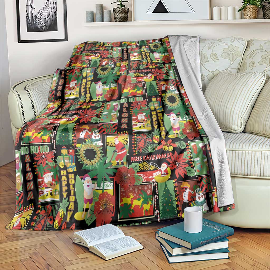 Hawaiian Santa Christmas Pattern Blanket Black Version - Wonder Print Shop