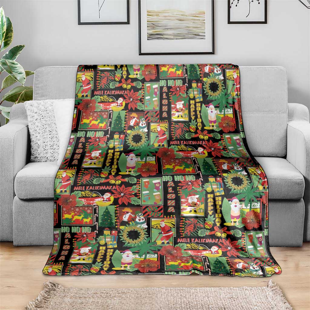 Hawaiian Santa Christmas Pattern Blanket Black Version - Wonder Print Shop