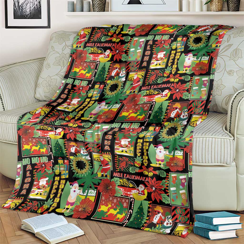 Hawaiian Santa Christmas Pattern Blanket Black Version - Wonder Print Shop