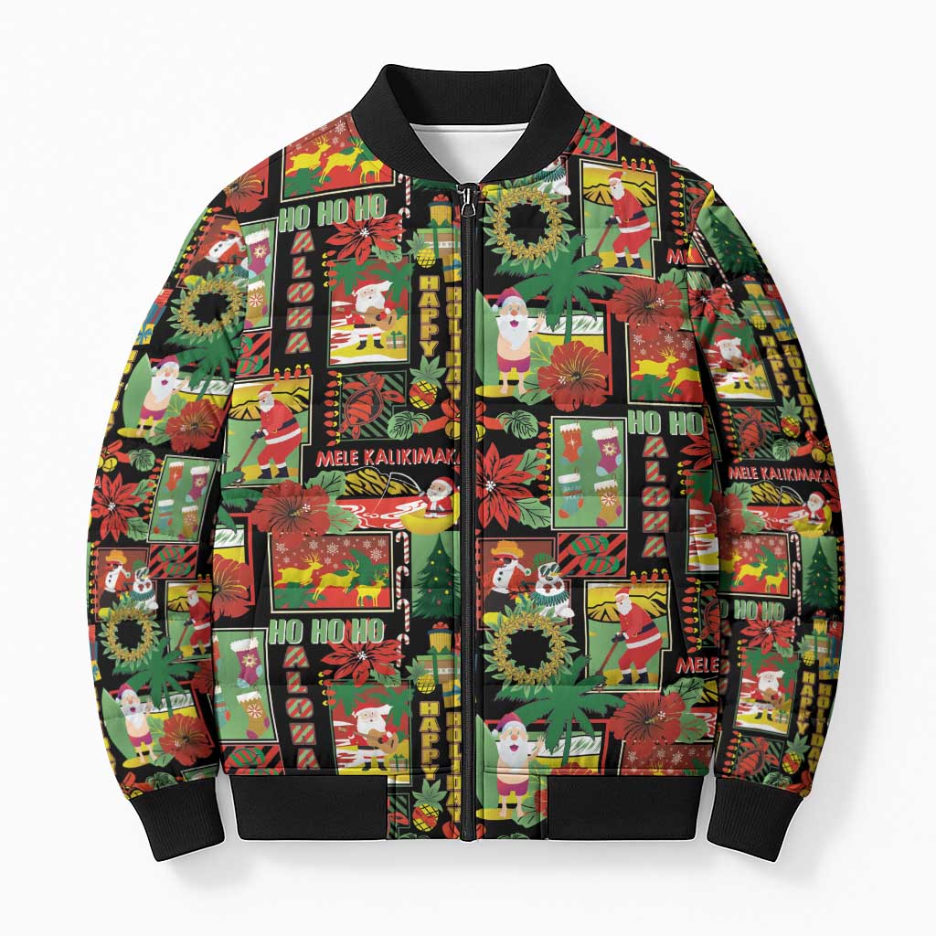 Hawaiian Santa Christmas Pattern Bomber Puffer Jacket Black Version - Wonder Print Shop