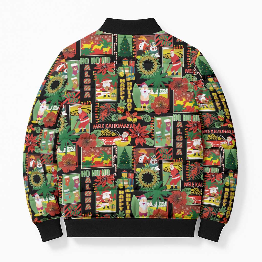 Hawaiian Santa Christmas Pattern Bomber Puffer Jacket Black Version - Wonder Print Shop