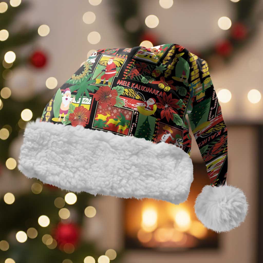 Hawaiian Santa Christmas Pattern Christmas Santa Hat Black Version - Wonder Print Shop