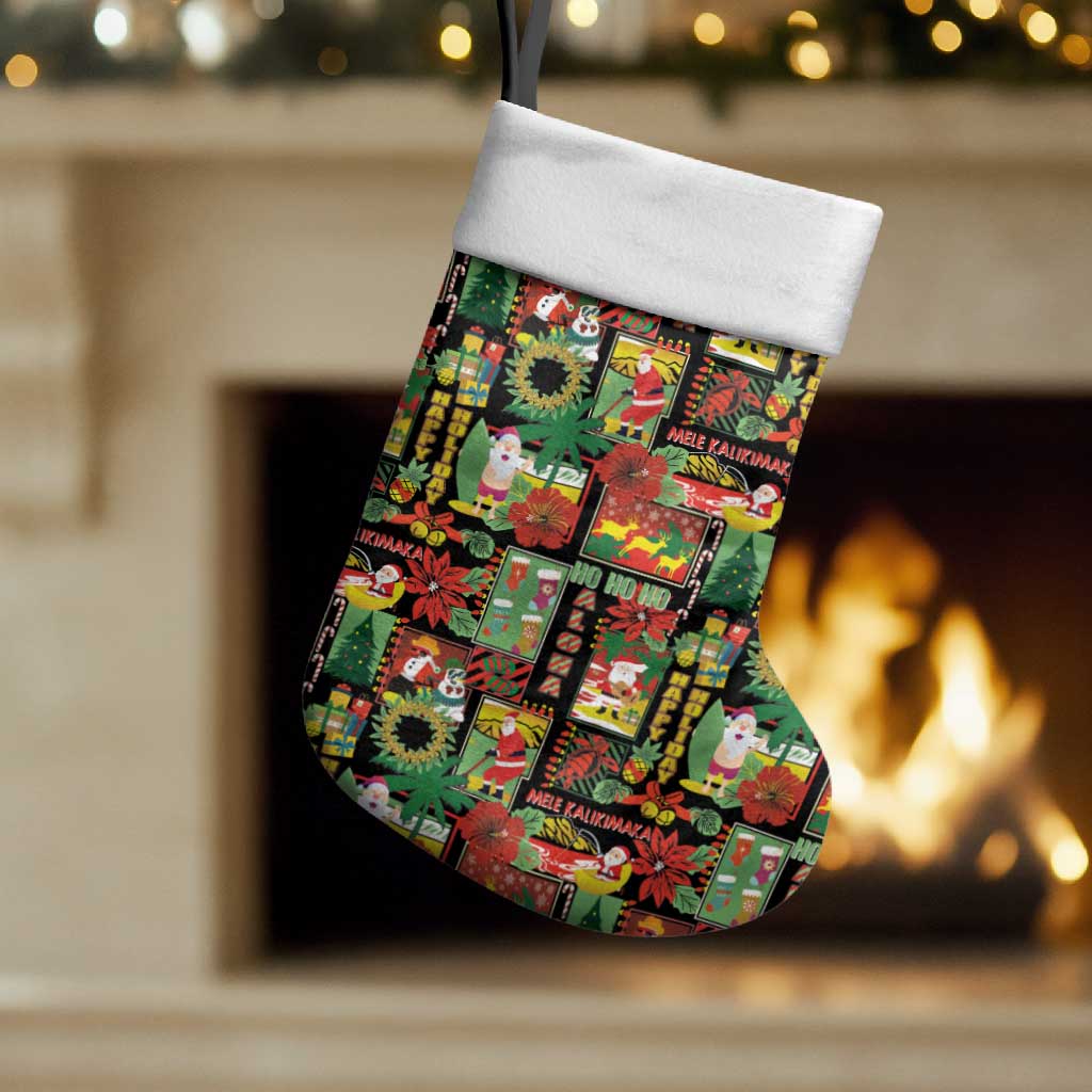 Hawaiian Santa Christmas Pattern Christmas Stocking Black Version - Wonder Print Shop