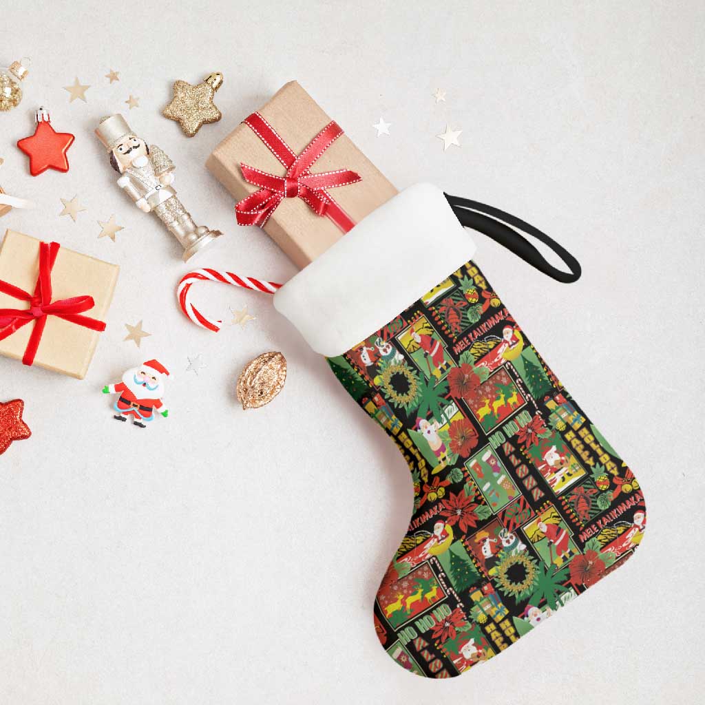 Hawaiian Santa Christmas Pattern Christmas Stocking Black Version - Wonder Print Shop