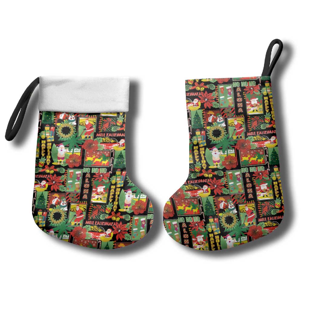 Hawaiian Santa Christmas Pattern Christmas Stocking Black Version - Wonder Print Shop