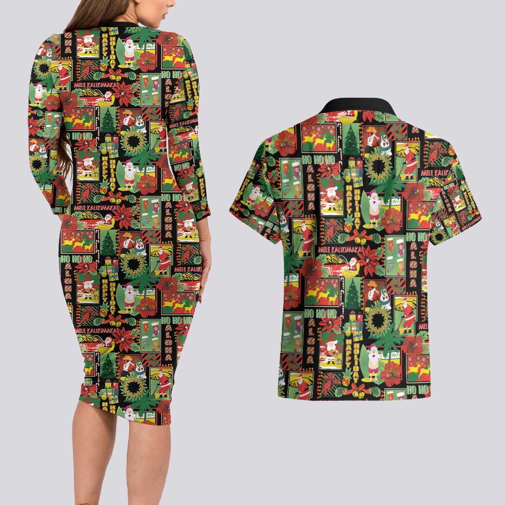 Hawaiian Santa Christmas Pattern Couples Matching Long Sleeve Bodycon Dress and Hawaiian Shirt Black Version - Wonder Print Shop