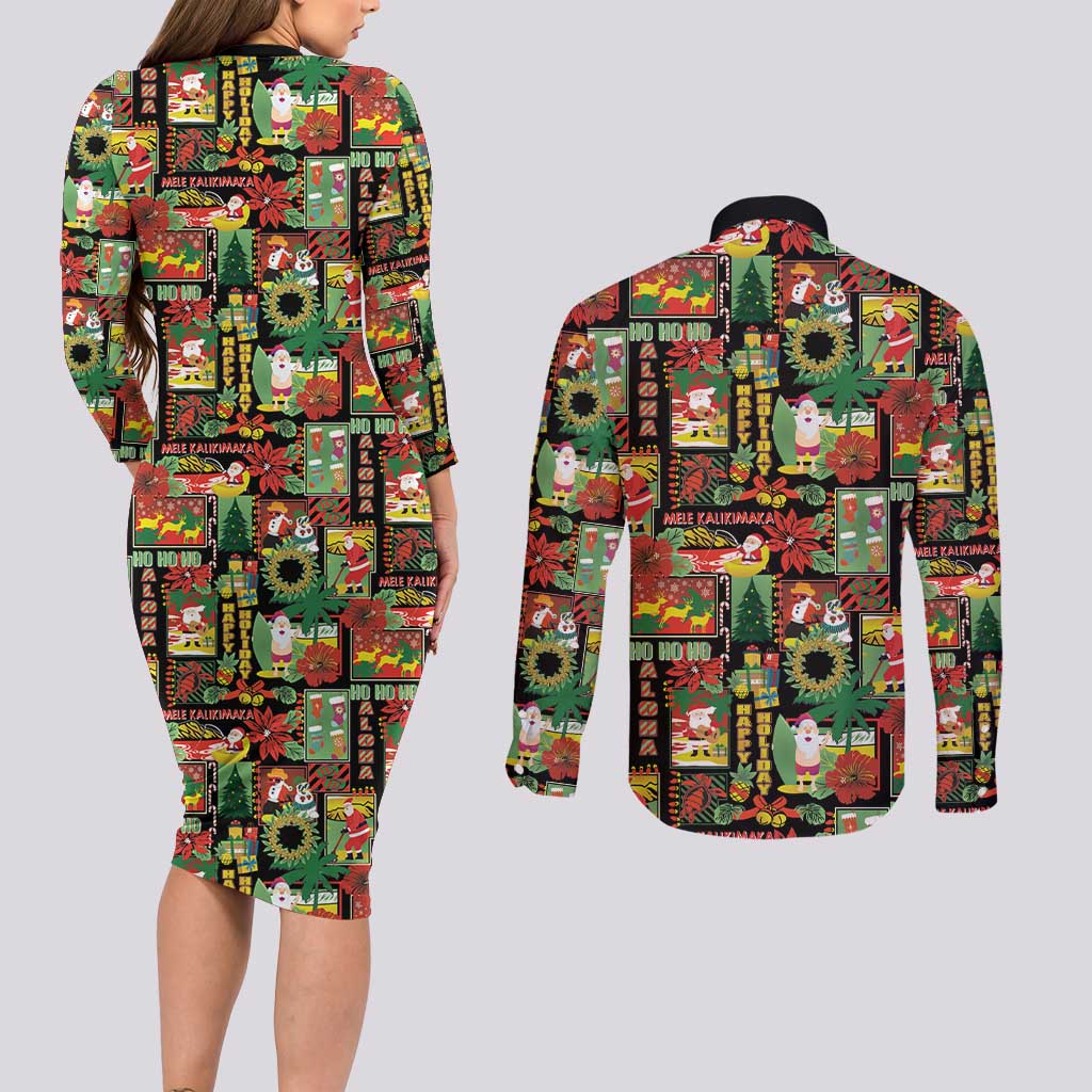 Hawaiian Santa Christmas Pattern Couples Matching Long Sleeve Bodycon Dress and Long Sleeve Button Shirt Black Version - Wonder Print Shop