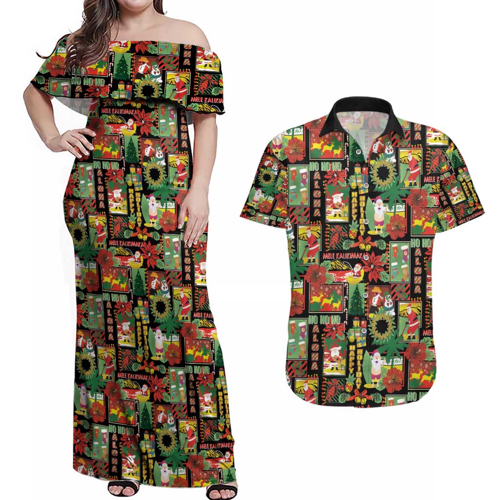 Hawaiian Santa Christmas Pattern Couples Matching Off Shoulder Maxi Dress and Hawaiian Shirt Black Version - Wonder Print Shop