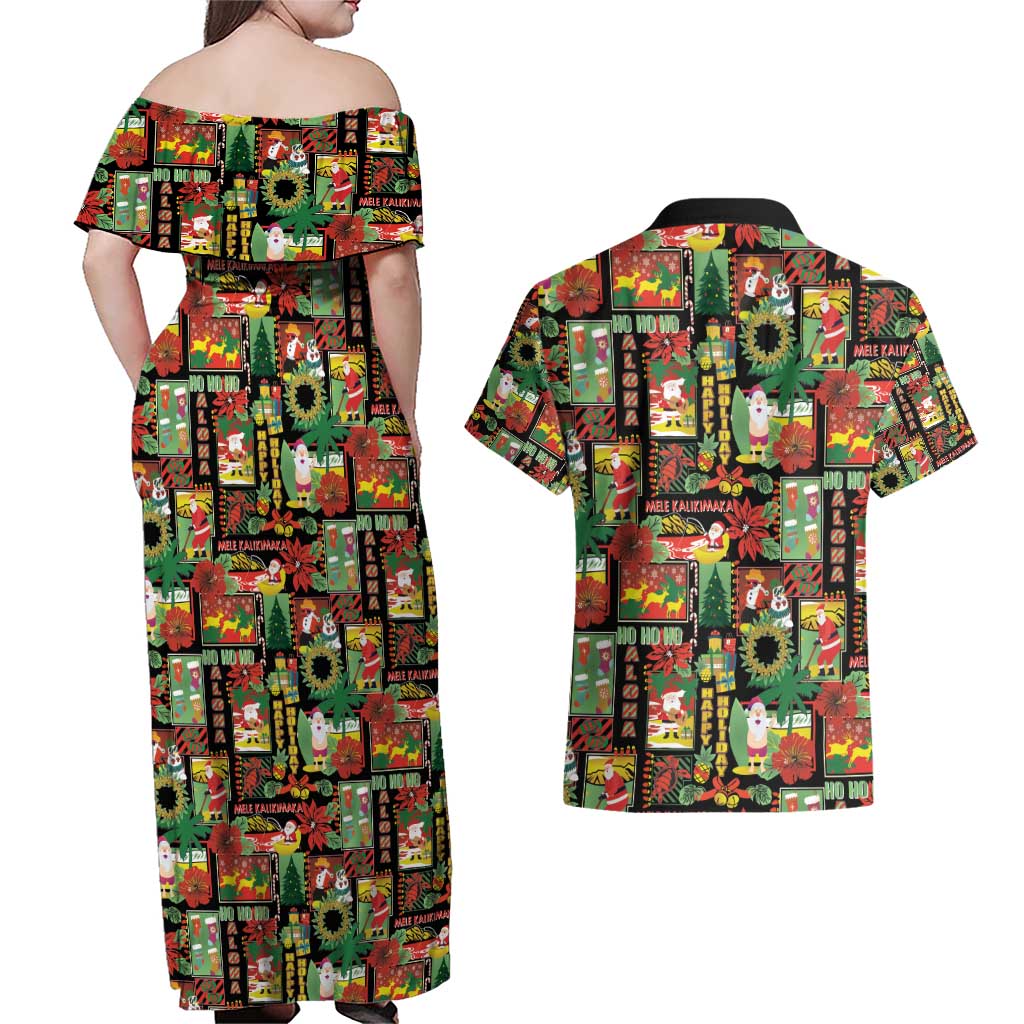 Hawaiian Santa Christmas Pattern Couples Matching Off Shoulder Maxi Dress and Hawaiian Shirt Black Version - Wonder Print Shop