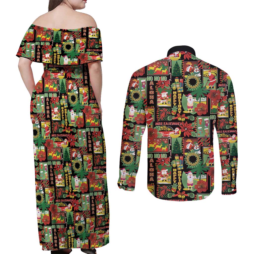 Hawaiian Santa Christmas Pattern Couples Matching Off Shoulder Maxi Dress and Long Sleeve Button Shirt Black Version - Wonder Print Shop