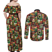 Hawaiian Santa Christmas Pattern Couples Matching Off Shoulder Maxi Dress and Long Sleeve Button Shirt Black Version - Wonder Print Shop
