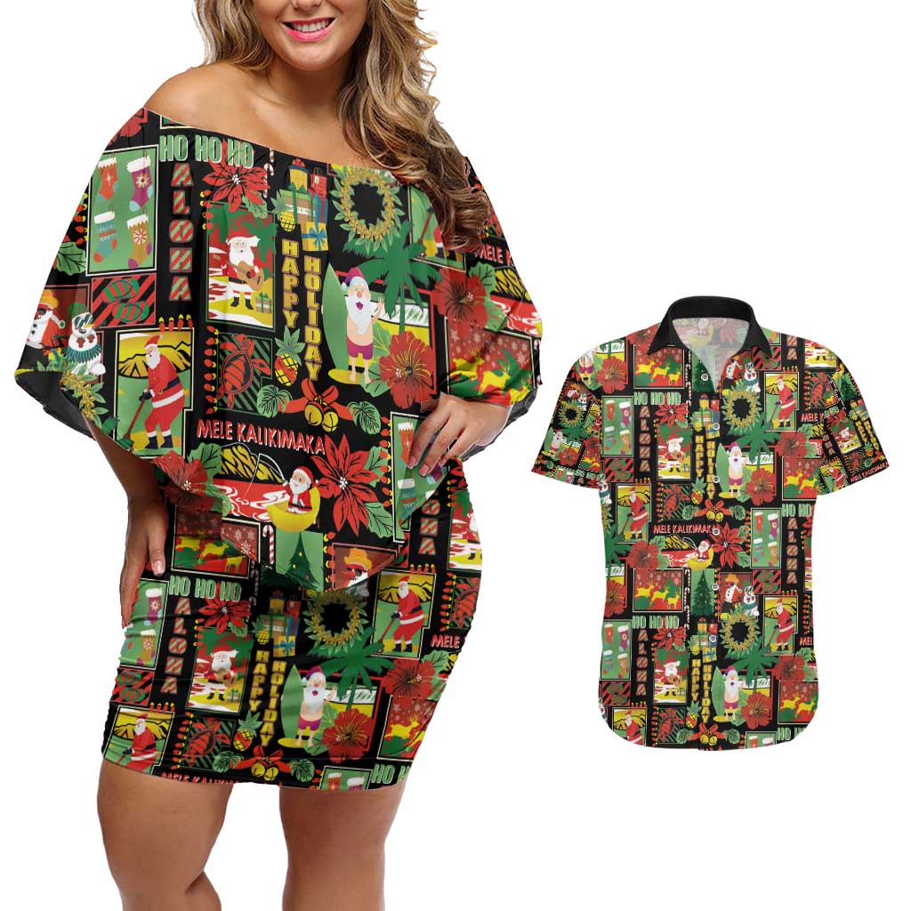 Hawaiian Santa Christmas Pattern Couples Matching Off Shoulder Short Dress and Hawaiian Shirt Black Version - Wonder Print Shop
