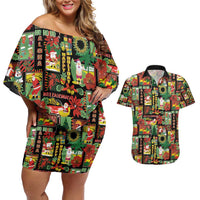 Hawaiian Santa Christmas Pattern Couples Matching Off Shoulder Short Dress and Hawaiian Shirt Black Version - Wonder Print Shop