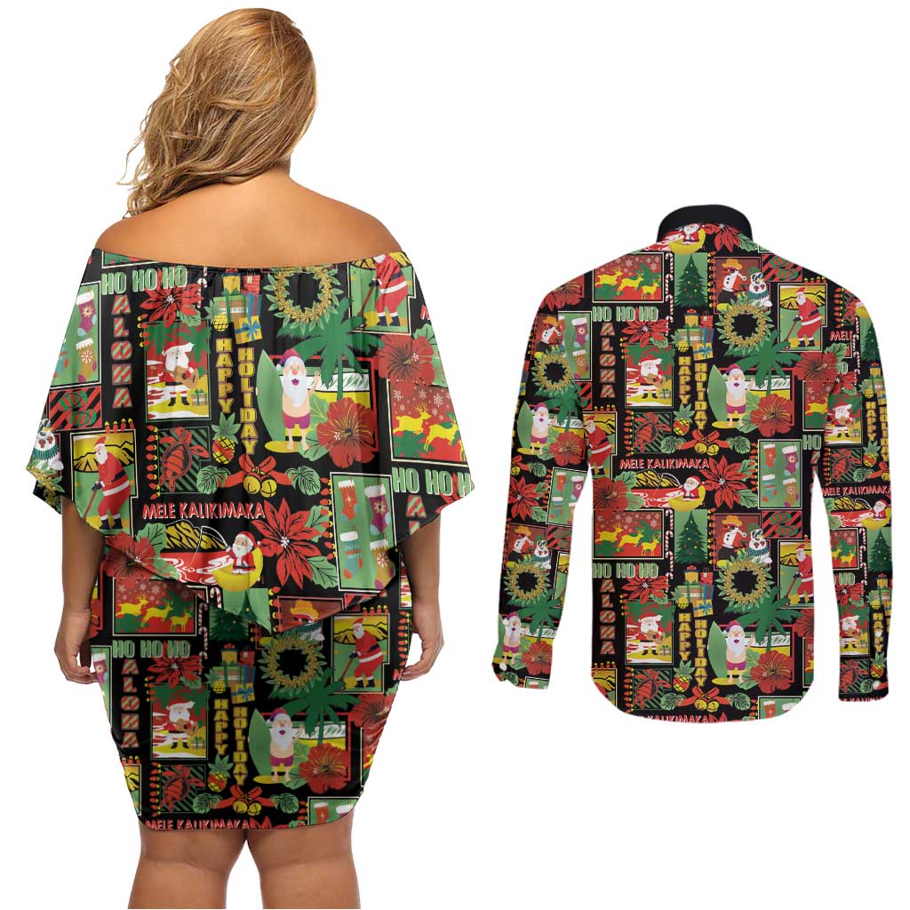 Hawaiian Santa Christmas Pattern Couples Matching Off Shoulder Short Dress and Long Sleeve Button Shirt Black Version - Wonder Print Shop