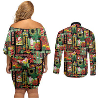 Hawaiian Santa Christmas Pattern Couples Matching Off Shoulder Short Dress and Long Sleeve Button Shirt Black Version - Wonder Print Shop