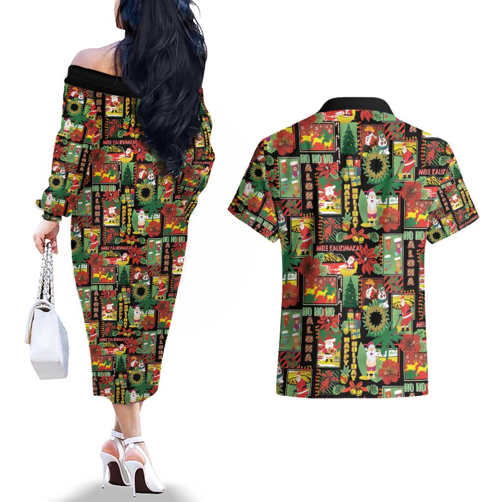 Hawaiian Santa Christmas Pattern Couples Matching Off The Shoulder Long Sleeve Dress and Hawaiian Shirt Black Version - Wonder Print Shop