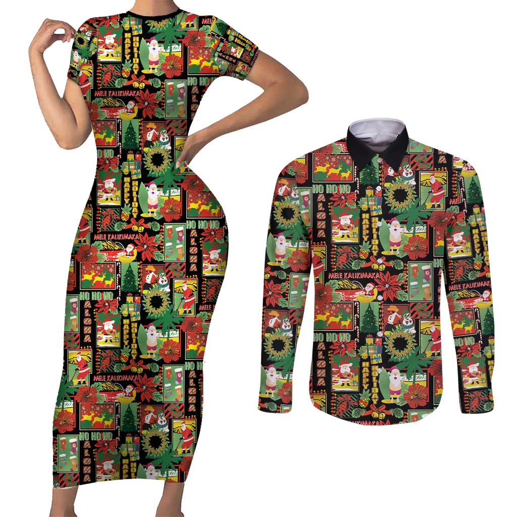 Hawaiian Santa Christmas Pattern Couples Matching Short Sleeve Bodycon Dress and Long Sleeve Button Shirt Black Version - Wonder Print Shop