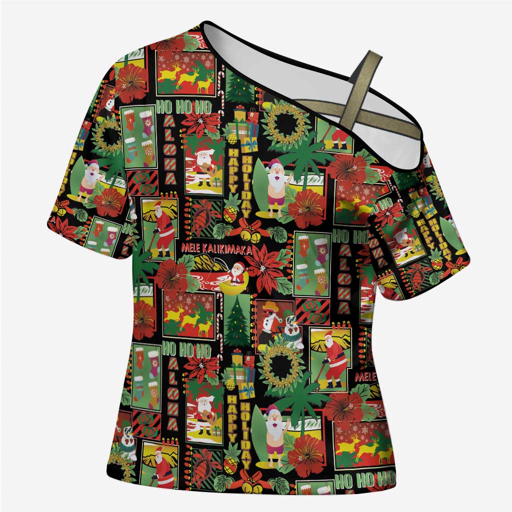 Hawaiian Santa Christmas Pattern Cross Shoulder Shirt Black Version - Wonder Print Shop