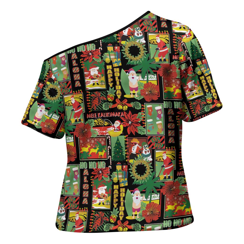 Hawaiian Santa Christmas Pattern Cross Shoulder Shirt Black Version - Wonder Print Shop