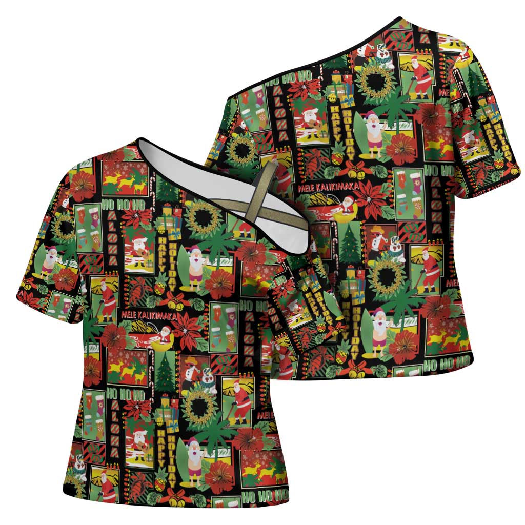 Hawaiian Santa Christmas Pattern Cross Shoulder Shirt Black Version - Wonder Print Shop