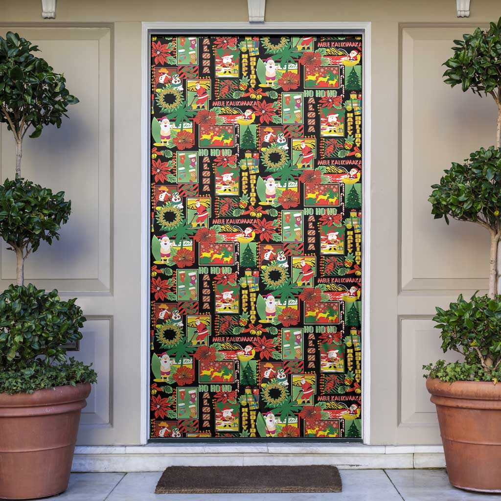 Hawaiian Santa Christmas Pattern Door Cover Black Version - Wonder Print Shop