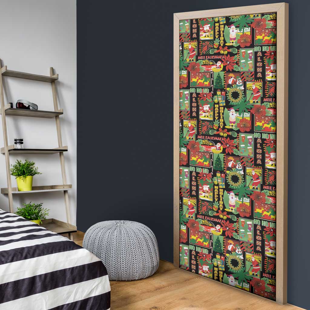 Hawaiian Santa Christmas Pattern Door Cover Black Version - Wonder Print Shop