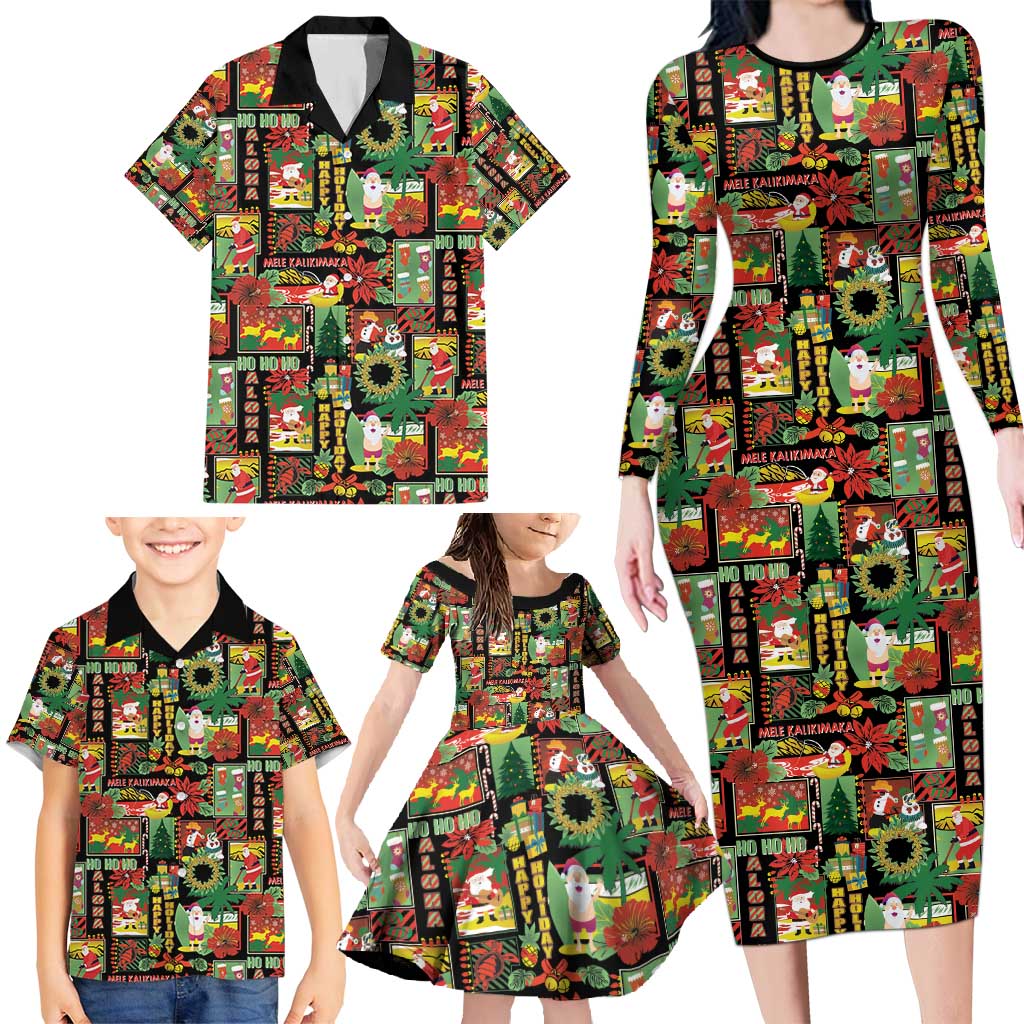 Hawaiian Santa Christmas Pattern Family Matching Long Sleeve Bodycon Dress and Hawaiian Shirt Black Version - Wonder Print Shop