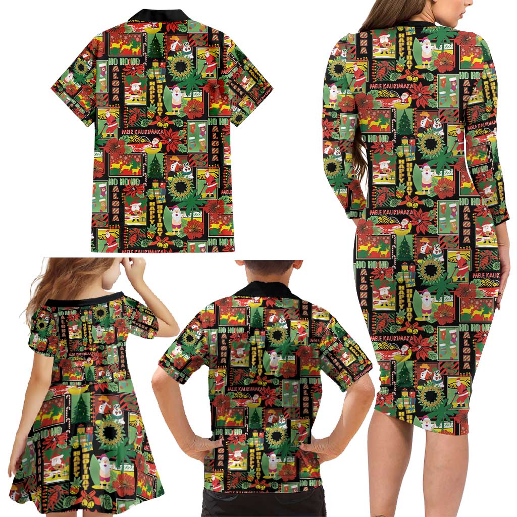 Hawaiian Santa Christmas Pattern Family Matching Long Sleeve Bodycon Dress and Hawaiian Shirt Black Version - Wonder Print Shop