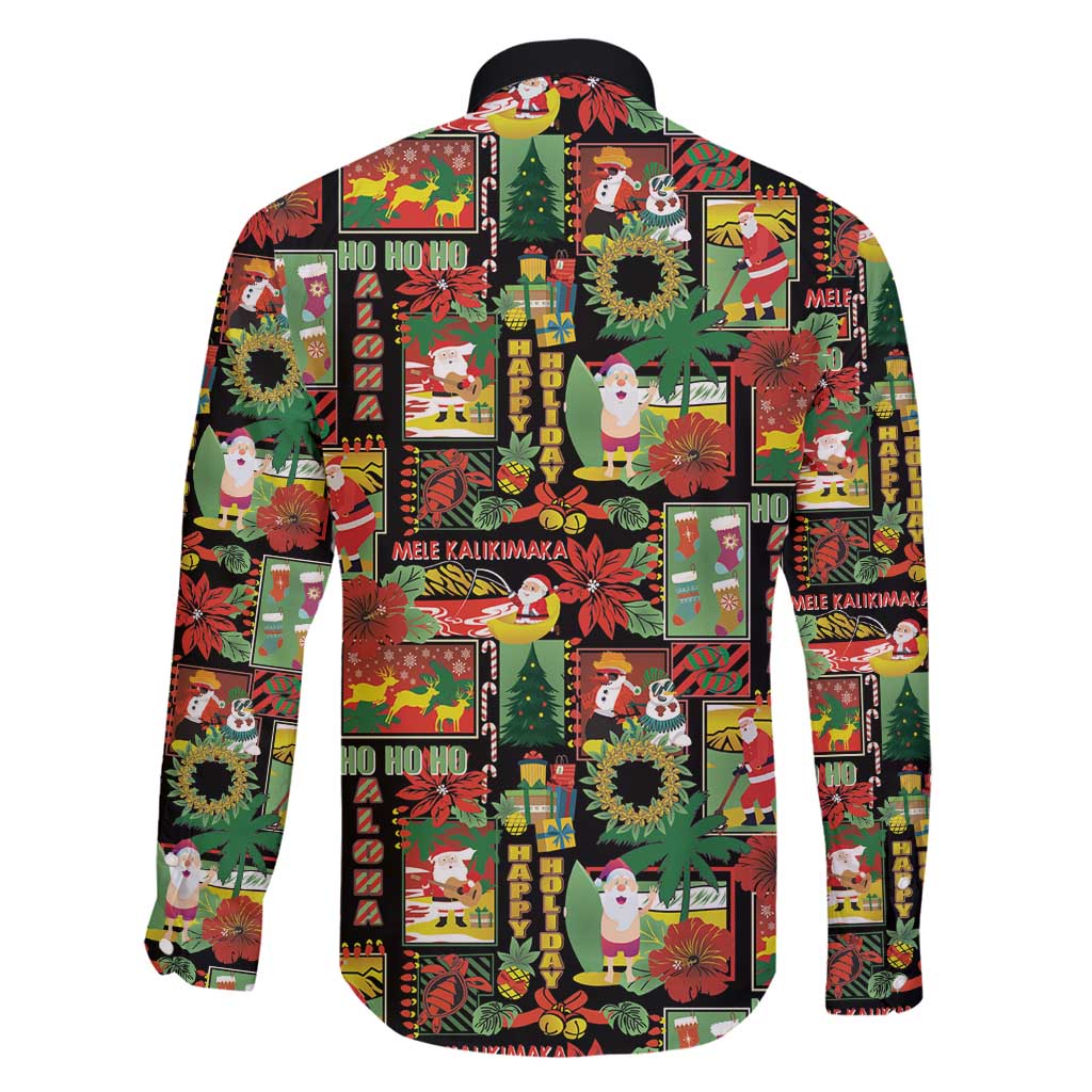 Hawaiian Santa Christmas Pattern Family Matching Long Sleeve Bodycon Dress and Hawaiian Shirt Black Version - Wonder Print Shop