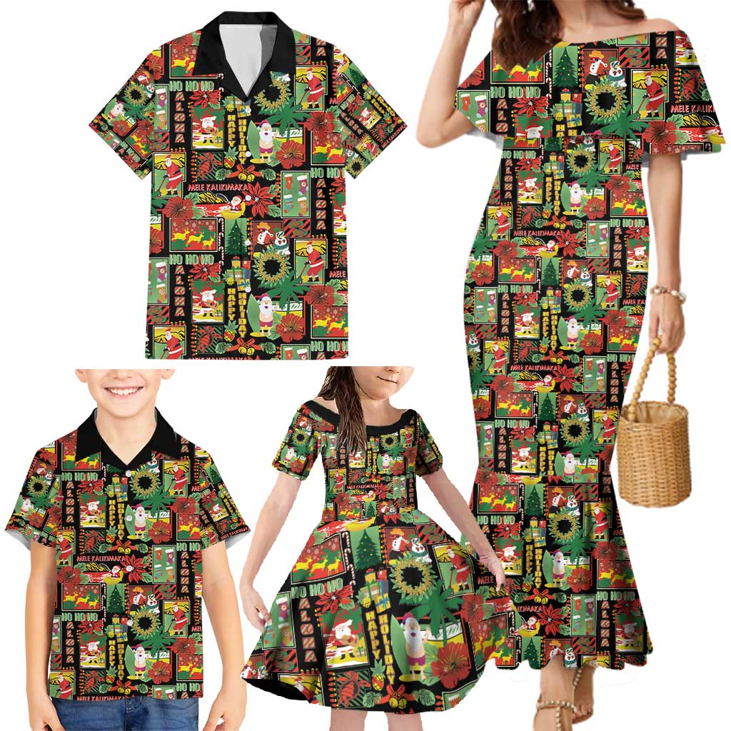 Hawaiian Santa Christmas Pattern Family Matching Mermaid Dress and Hawaiian Shirt Black Version - Wonder Print Shop