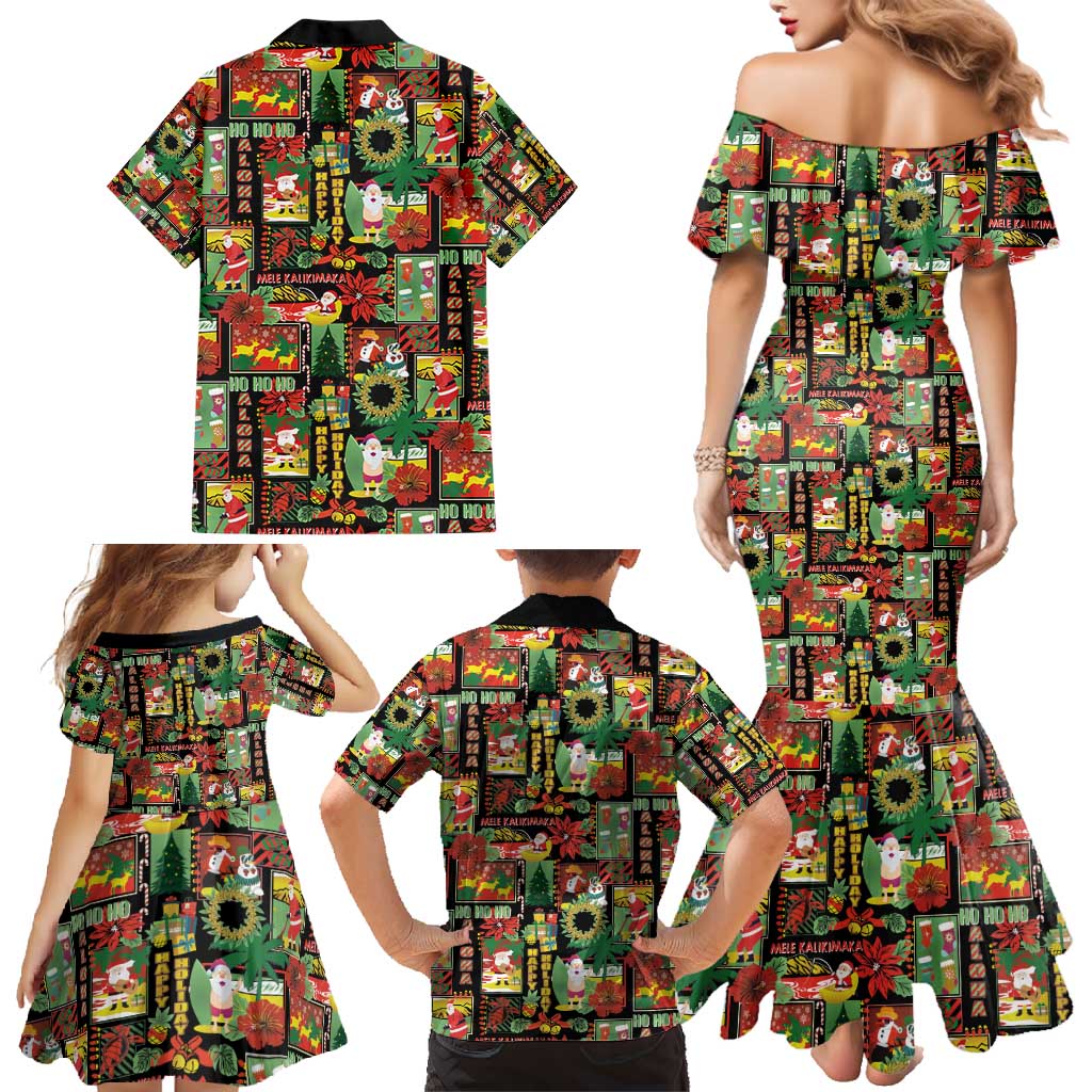 Hawaiian Santa Christmas Pattern Family Matching Mermaid Dress and Hawaiian Shirt Black Version - Wonder Print Shop