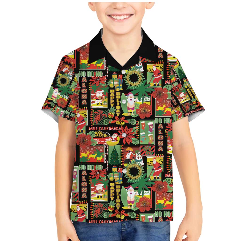 Hawaiian Santa Christmas Pattern Family Matching Mermaid Dress and Hawaiian Shirt Black Version - Wonder Print Shop