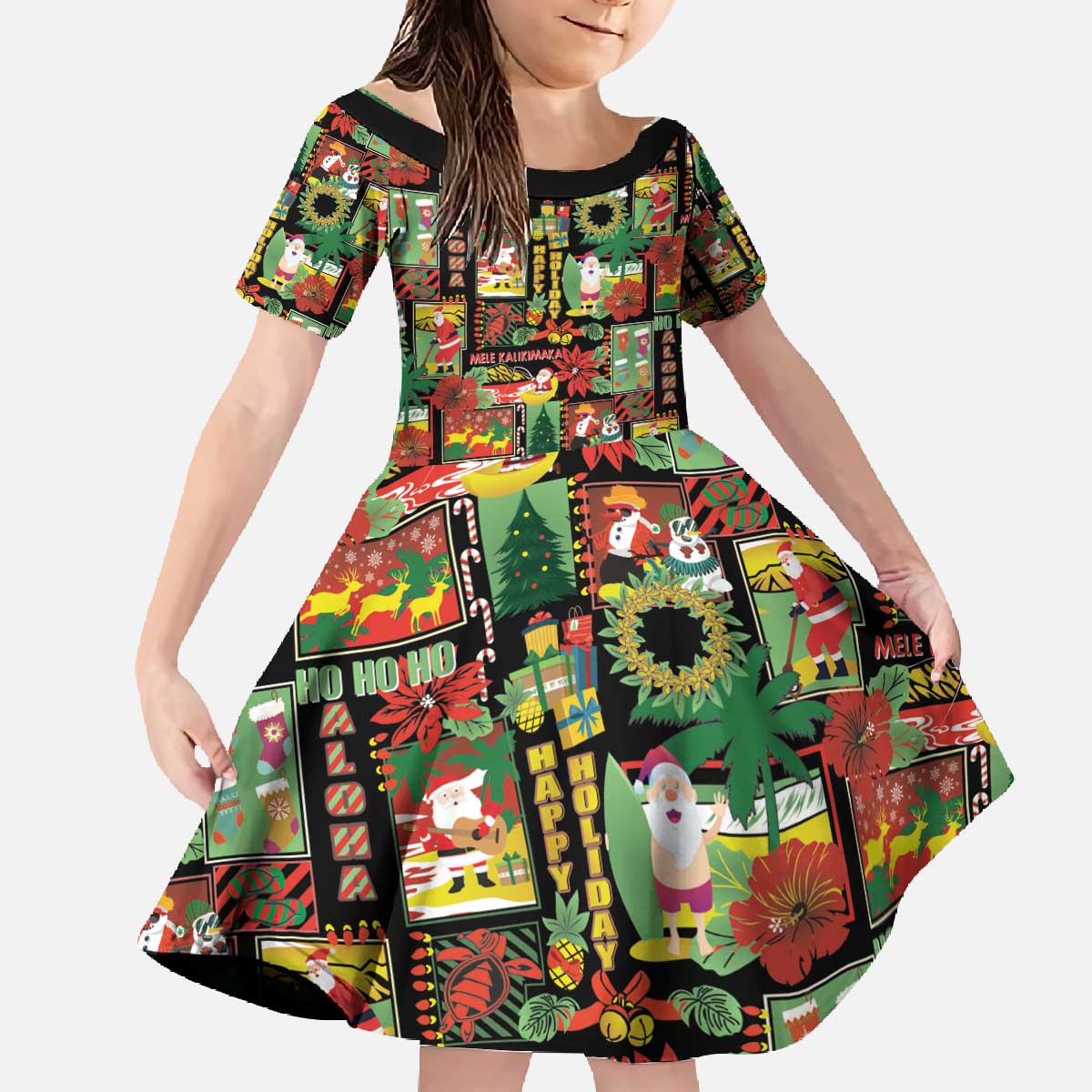 Hawaiian Santa Christmas Pattern Family Matching Off The Shoulder Long Sleeve Dress and Hawaiian Shirt Black Version - Wonder Print Shop
