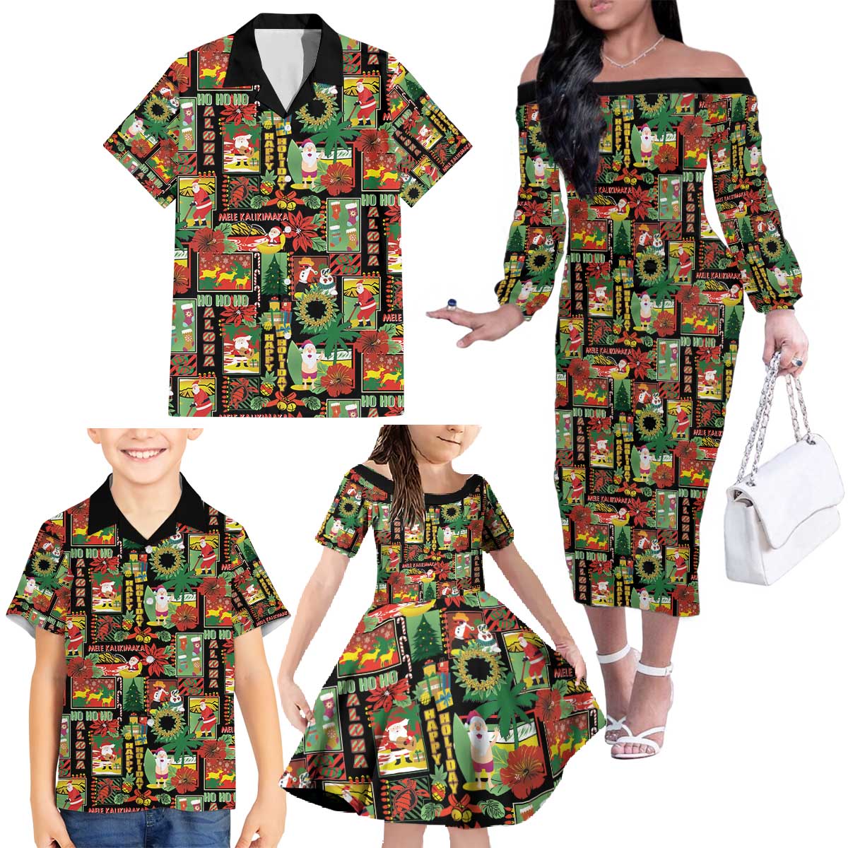 Hawaiian Santa Christmas Pattern Family Matching Off The Shoulder Long Sleeve Dress and Hawaiian Shirt Black Version - Wonder Print Shop