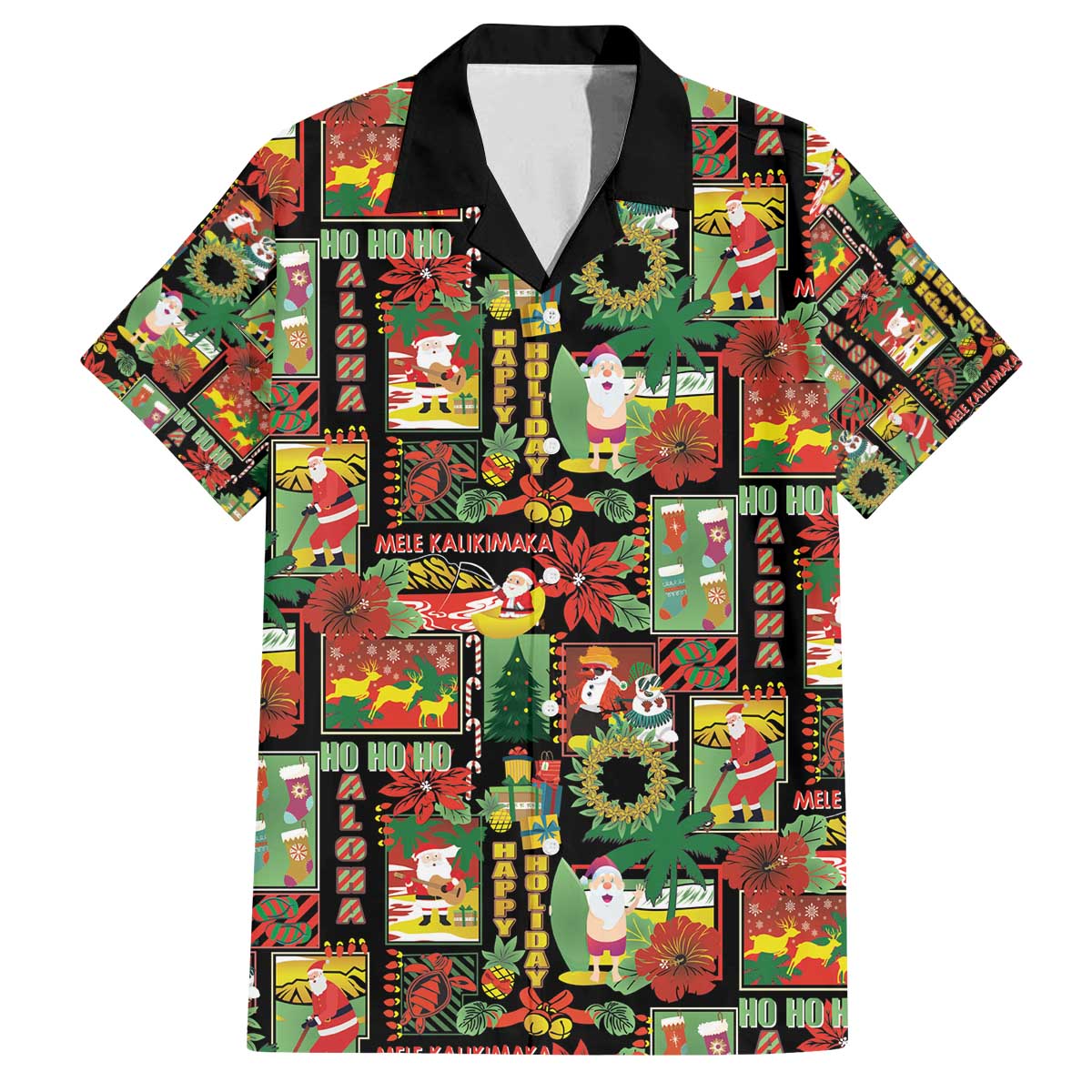 Hawaiian Santa Christmas Pattern Family Matching Off The Shoulder Long Sleeve Dress and Hawaiian Shirt Black Version - Wonder Print Shop